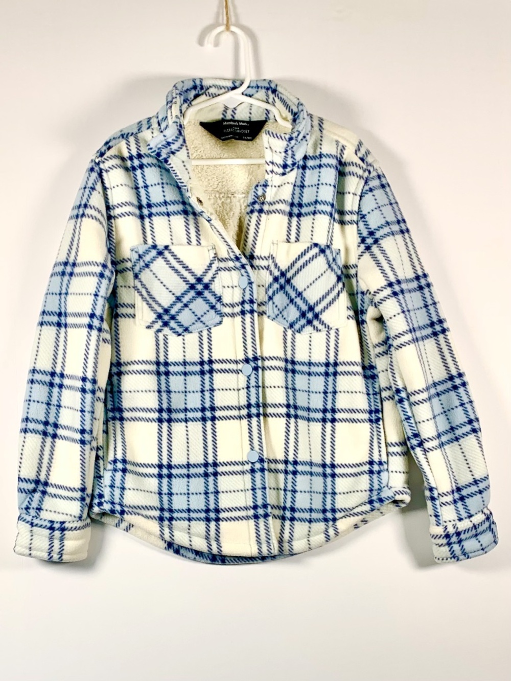 Member’s Mark Snap Front Fleece Shirt Jacket Blue White Plaid Outdoor Thermal